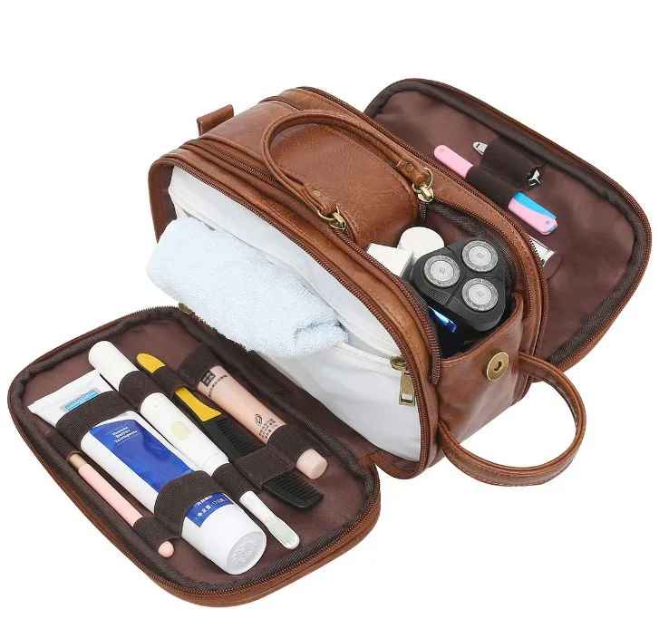 Trousse de toilette brun ouverte